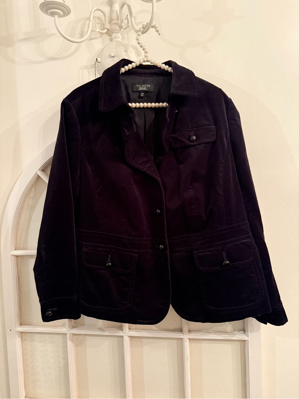 Talbots Women Petites 14 Black Velvet Button Front Blazer Jacket Utility Pocket - Picture 10 of 14